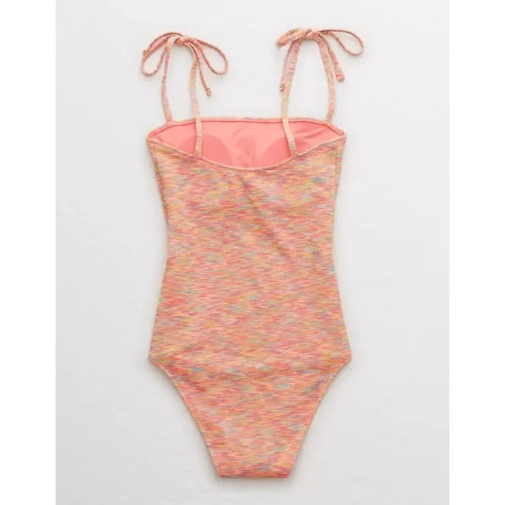 Aerie Pink Coral Space Dye Pique Bandeau One Piece Swimsuit XS Cheeky Cut New